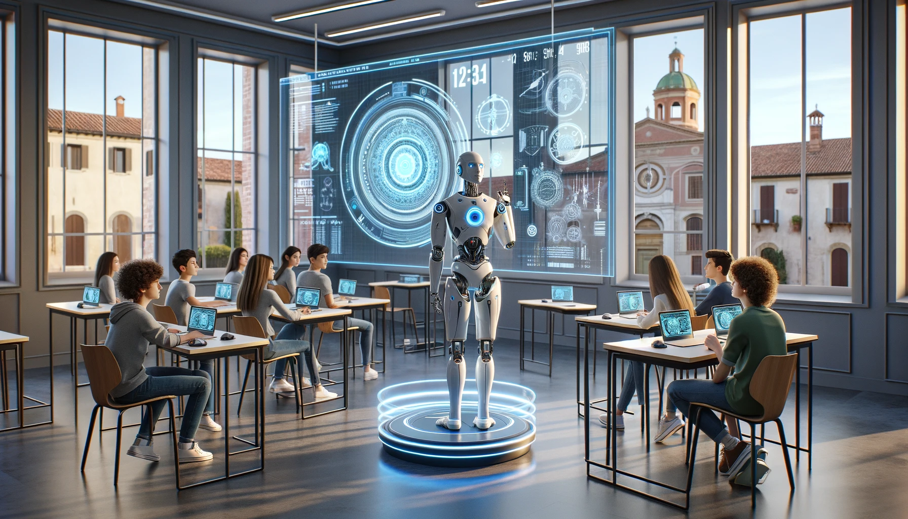 Immagine distopica con insegnante robotico