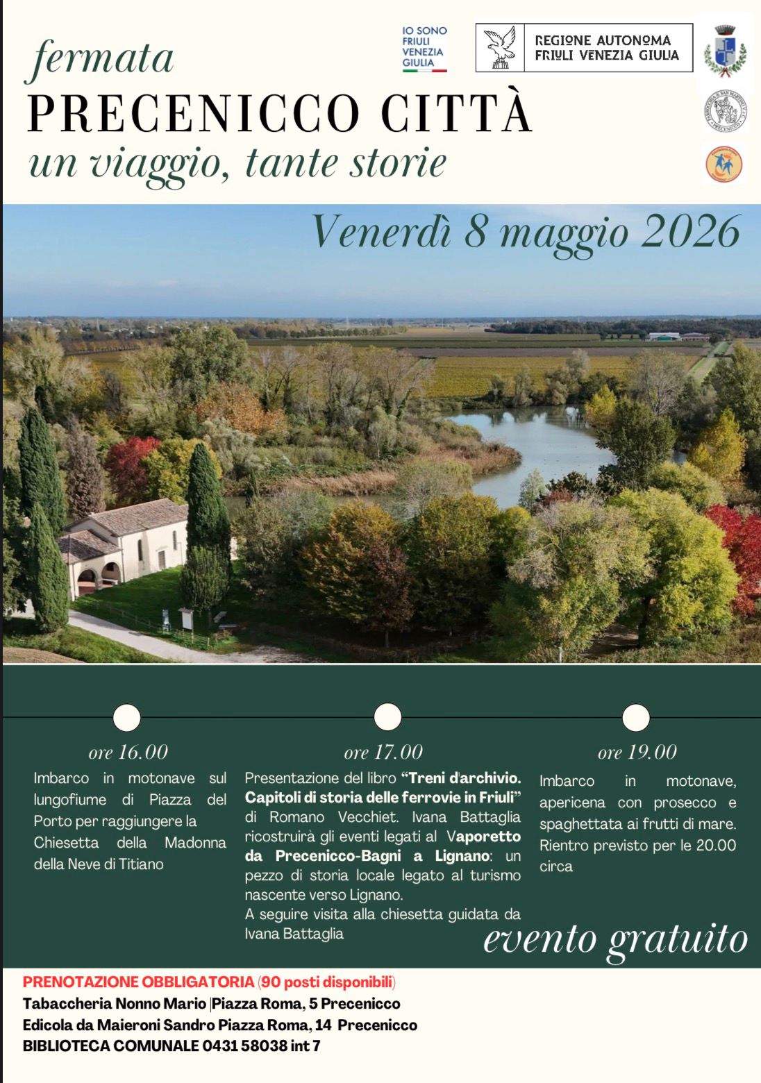 La locandina dell’iniziativa promossa l’8 maggio 2026 dal Comune di Precenicco per far conoscere i progetti ferroviari e turistici legati al porto fluviale di Precenicco.
