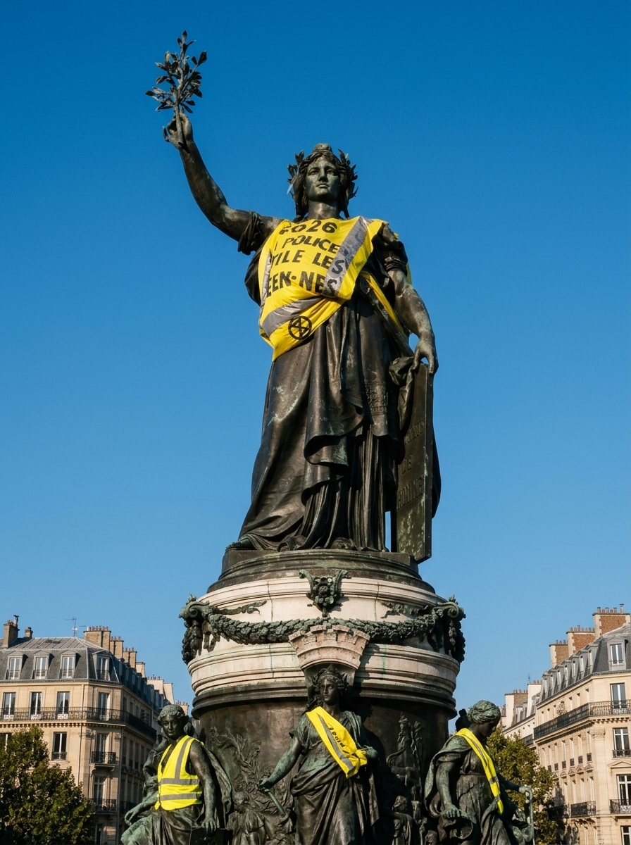 Statua di Marianne in Place de la République a Parigi con gilet giallo