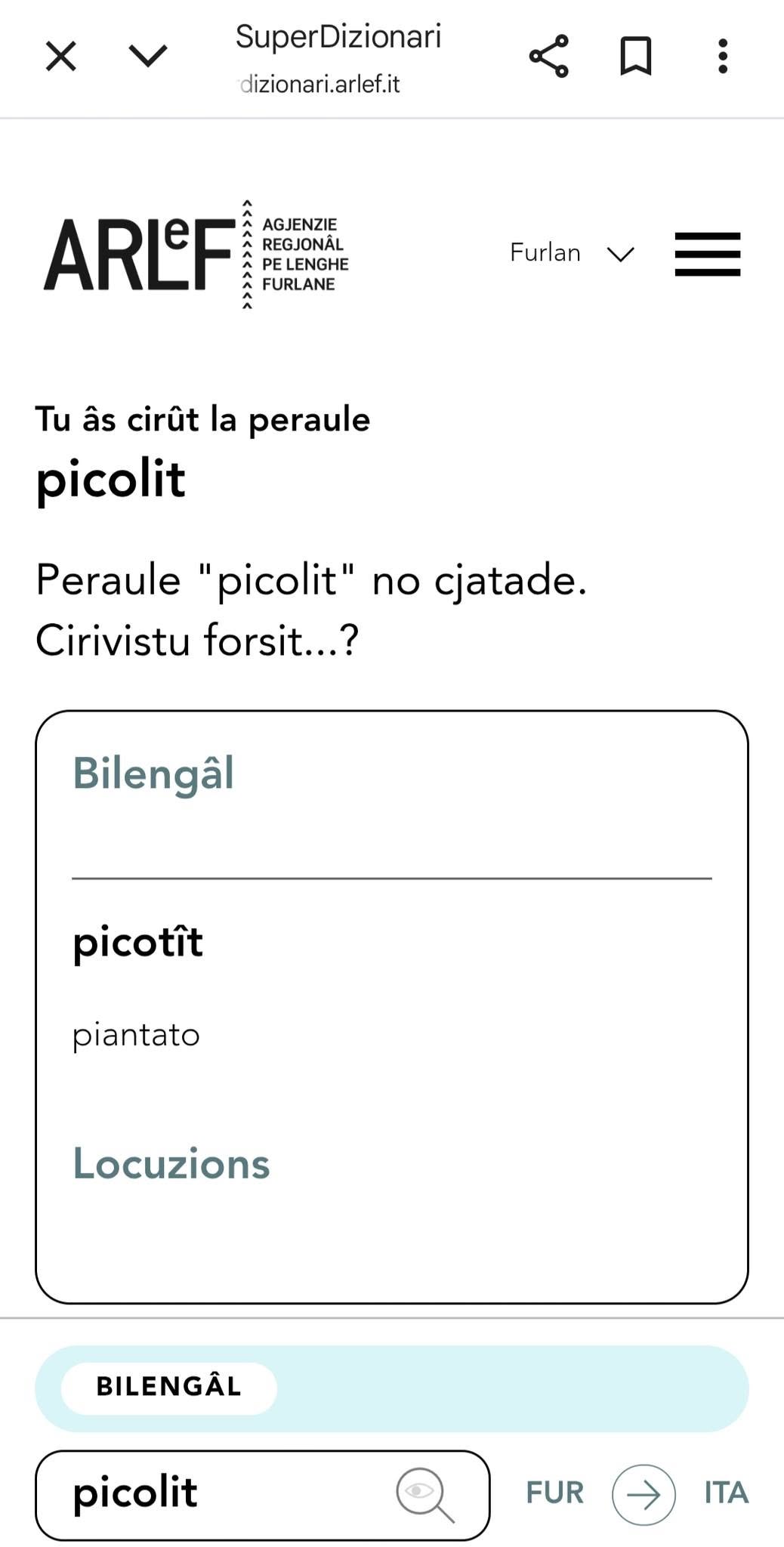 Ricercje de peraule picolit tal SuperDizionari ARLeF